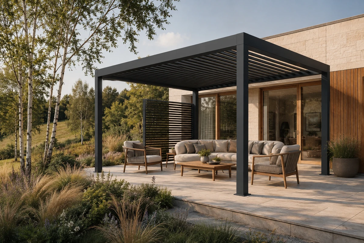 Generated concept of a dark pergola beside a house in a planted garden