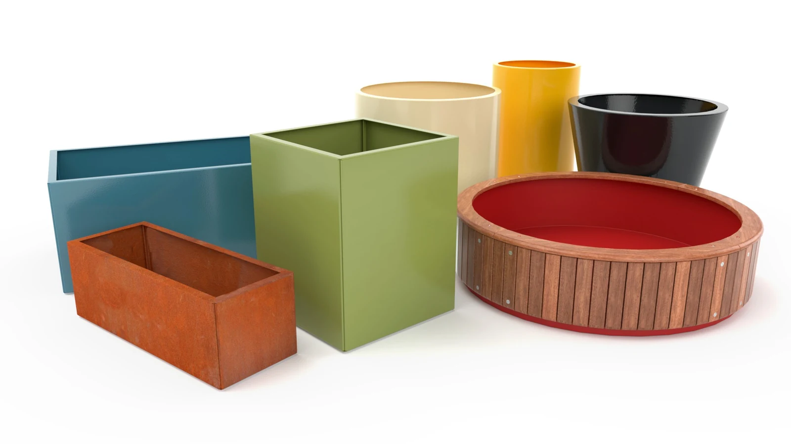 Square, rectangular, cylindrical and tapered planter forms in different colours