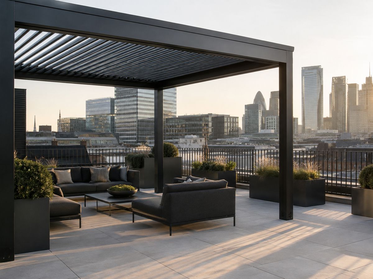 Illustration of a black louvred pergola on a roof terrace